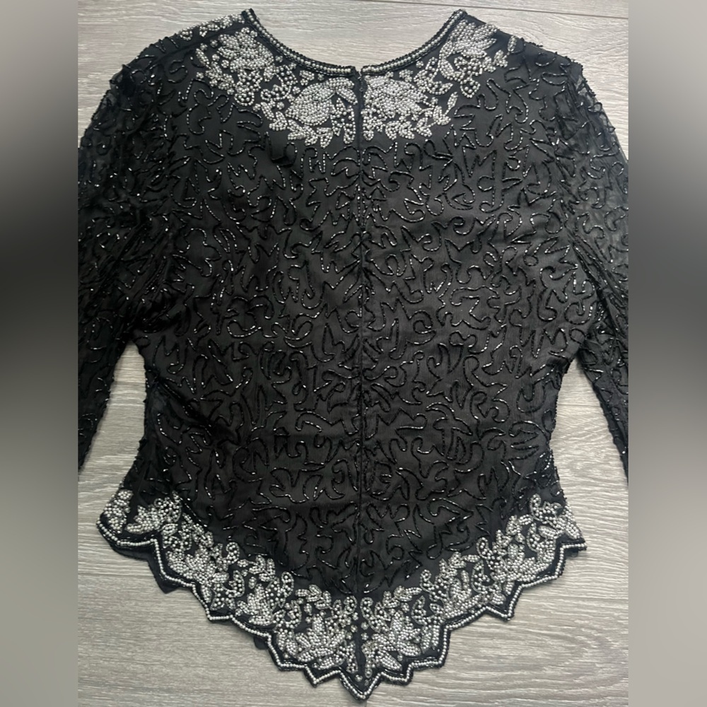 Vintage Laurence Kazar Black Silver All Over Beaded Long Sleeve Top Glam Party - Picture 9 of 10